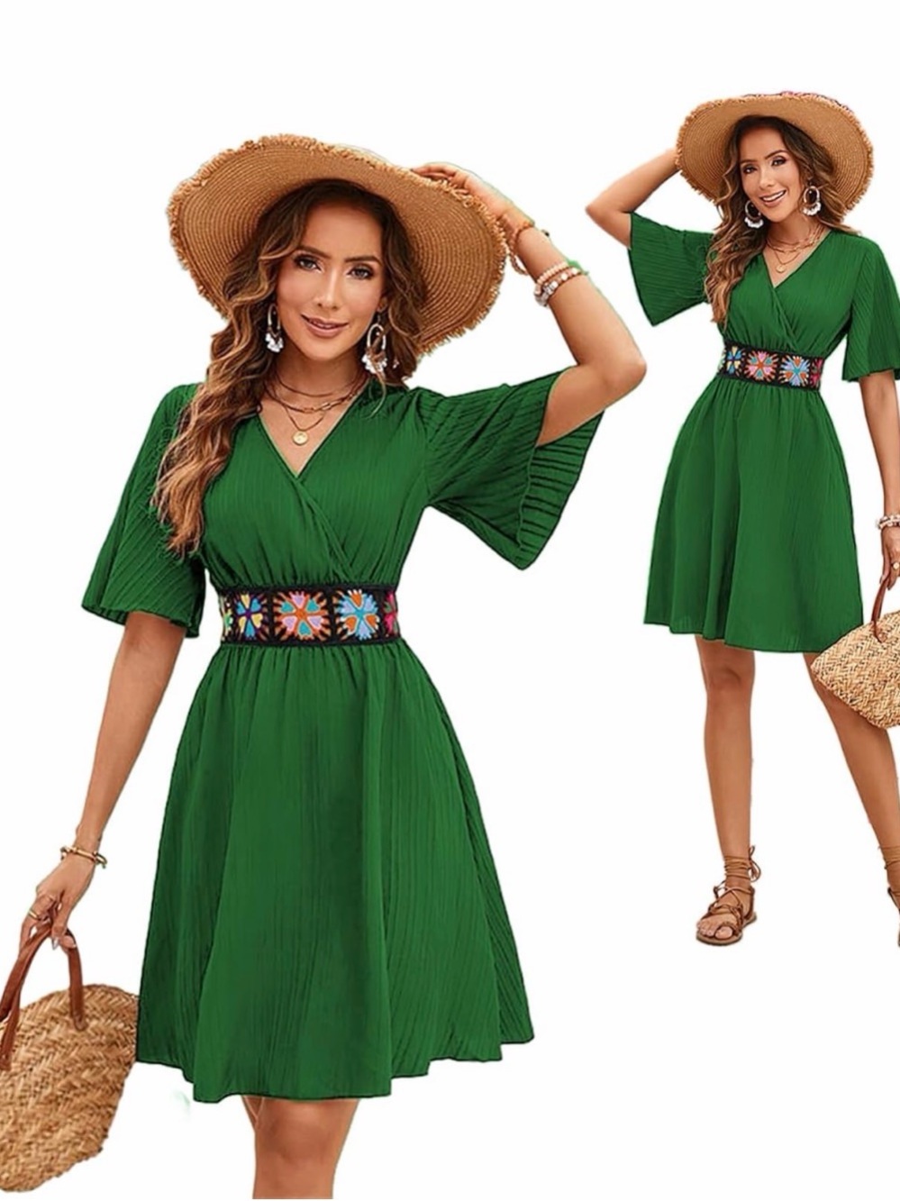 TDiooCor Green V-Neck Midi Dress with Embroidered Waistband NWT Size Large - Picture 4 of 9